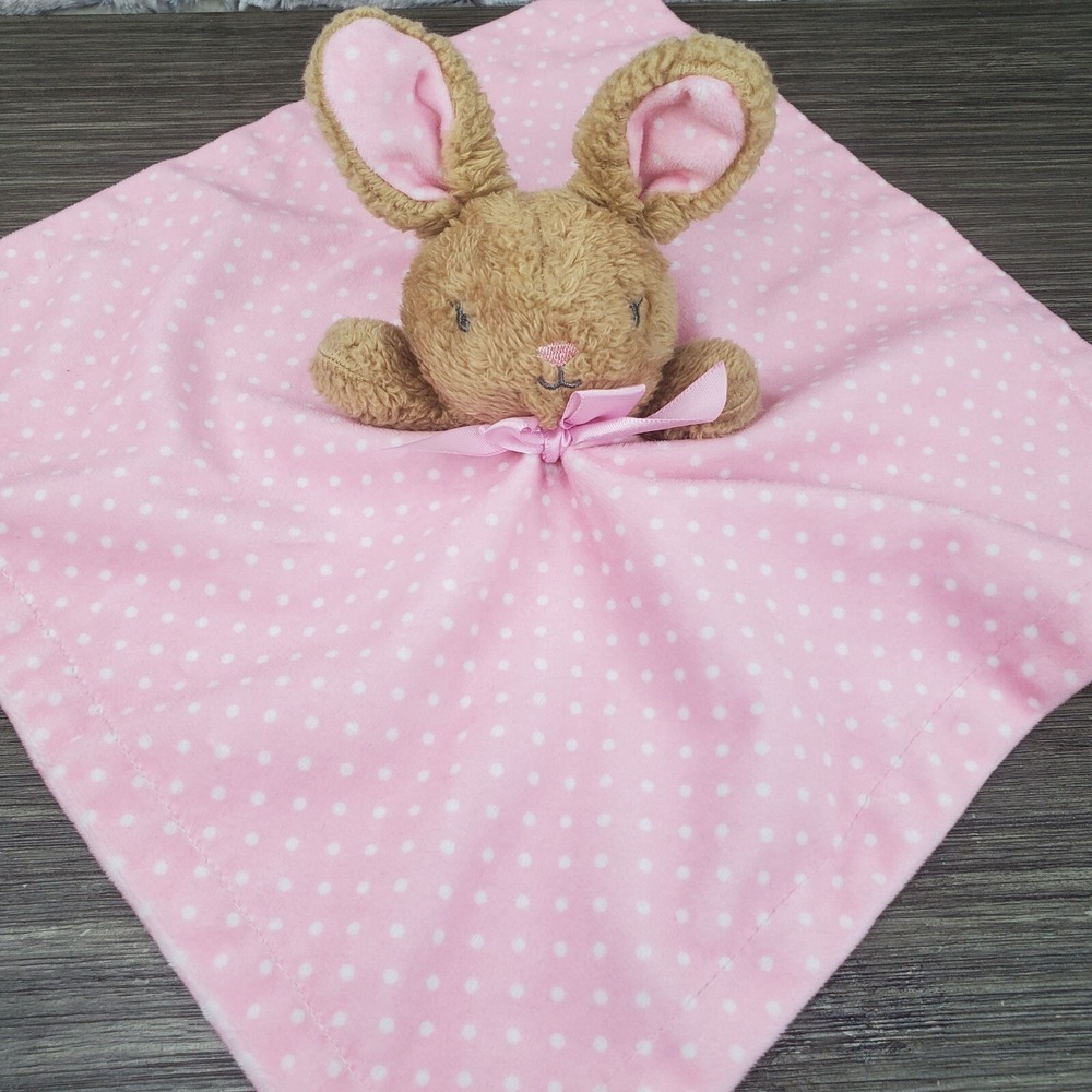 MTY International Brown & Pink Polka Dot Bunny Rabbit Rattle Blanket Lovey SATIN
